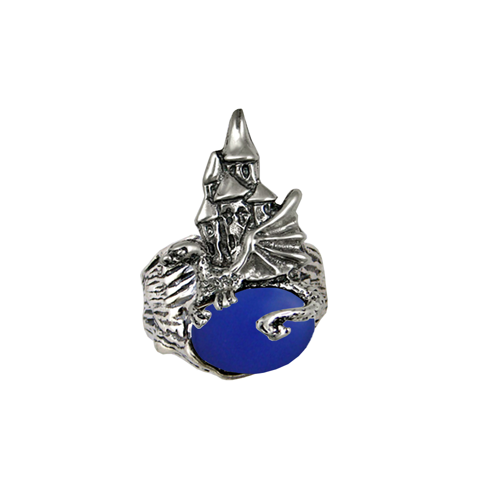 Sterling Silver Dragon And Her Castle Ring With Blue Onyx Size 9